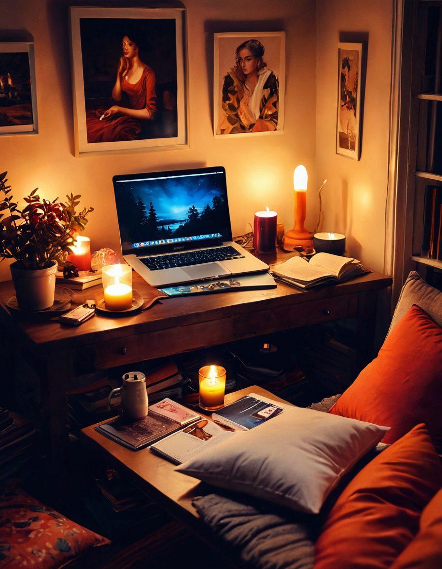 A cozy, dimly lit room filled with colorful cushions and an inviting workspace, featuring an open laptop displaying a vibrant online journal interface. Surround the scene with intimate elements like soft candles, a few erotic art books, and playful accessories that suggest creativity and intimacy. Include warm-toned lighting to create a welcoming atmosphere. painting. warm colors. soft textures.