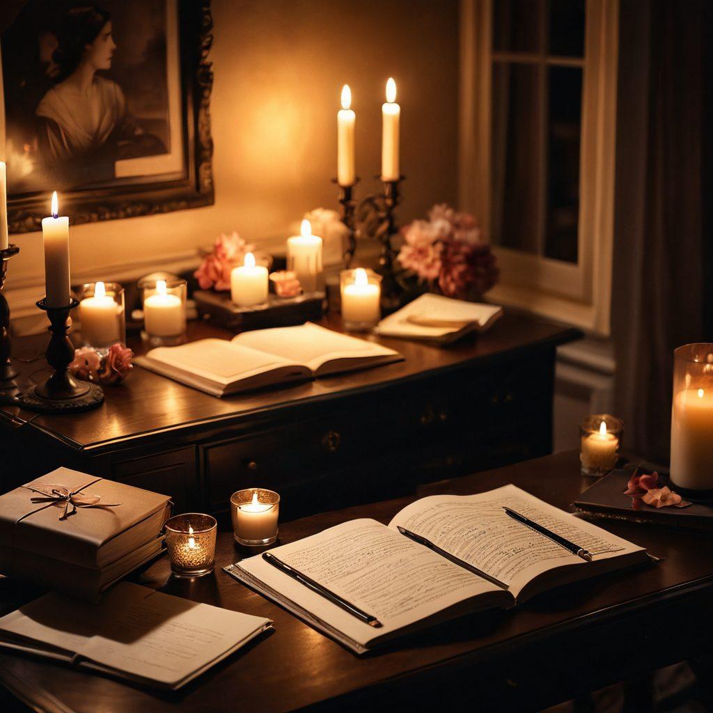 A sensual, inviting scene depicting an intimate writing space, with soft candlelight illuminating a beautifully arranged desk filled with elegant stationery and a half-opened notebook showcasing romantic poetry. Silky fabrics and plush textures enhance the atmosphere, while subtle floral accents symbolize intimacy and connection. The background features soft, blurred silhouettes of intimate couples sharing moments. warm tones, soft focus, romantic ambiance.